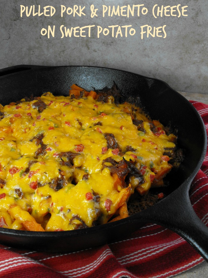 Southern Style Smothered Fries: sweet potato fries topped with barbecue pulled pork and melted pimento cheese #GameDayGrub #ad