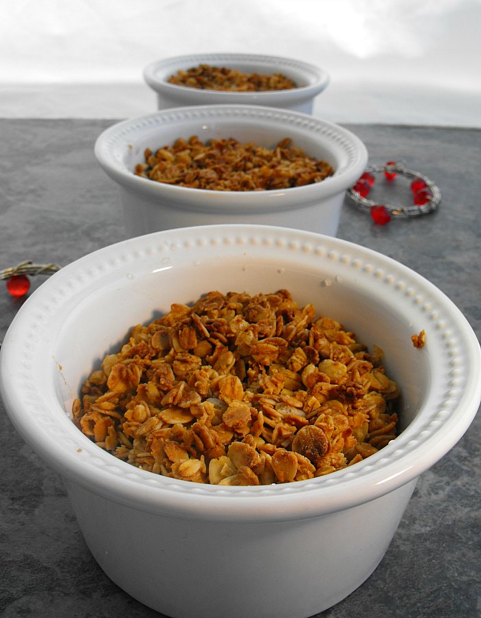 Individual serving sized peach crisp is the perfect winter dessert.