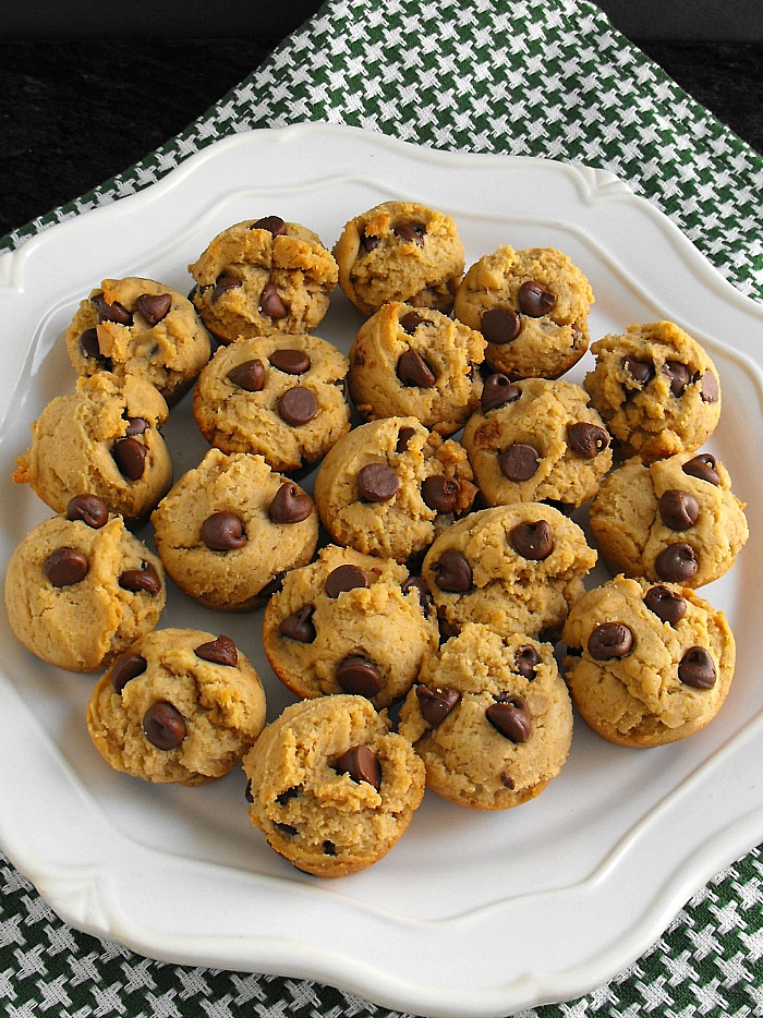 Gluten Free Peanut Butter Brownie Bites with Chocolate Chips made in a mini muffin tin (egg free)