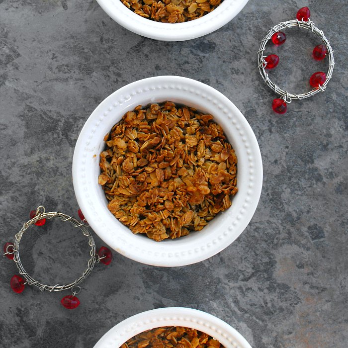 Individual serving sized peach crisp is the perfect winter dessert.