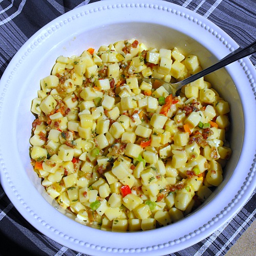 Pantry Potato Salad uses mostly items in your cupboard, including canned potatoes