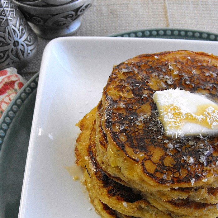 Pina Colada Pancakes made with pineapple, coconut and rum flavoring